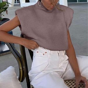 Women Shoulder Pad Sweater Top, Chic Top, Business Casual Blouse, Workwear Vest